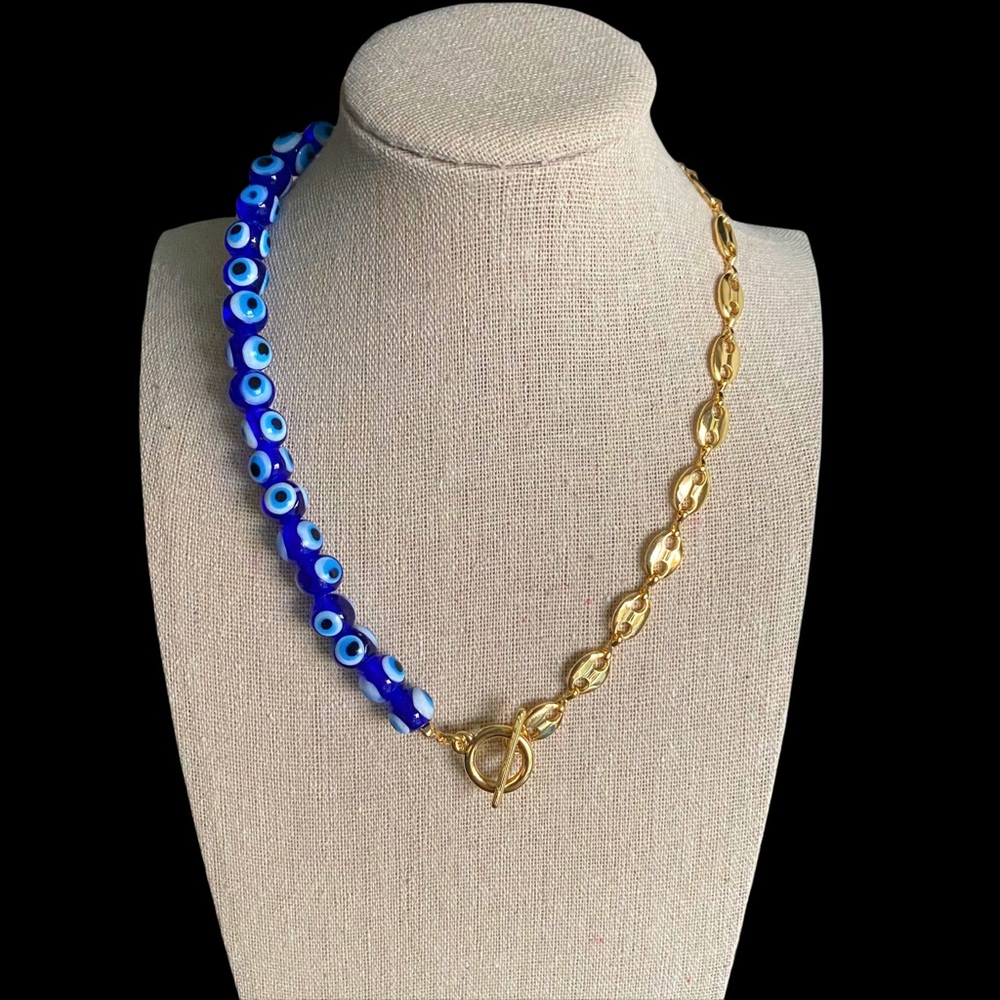 Evil Eye Bead and Gold Chain Link Choker Necklace